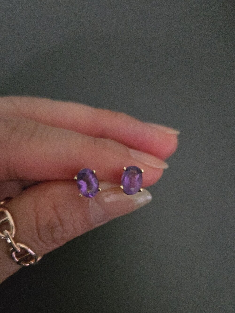 Solid 14k Yellow Gold Amethyst Stud Earrings - Picture 3 of 6